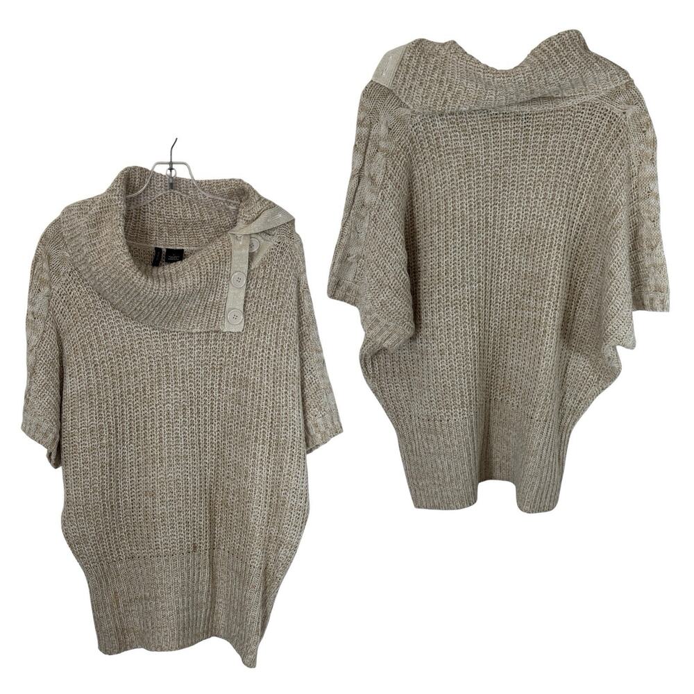 Marled Cowl Neck Sweater L Button Collar Cable Knit Detail Oatmeal Lagenlook